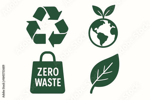 Eco and Zero Waste Icons Set – Recycling, Green Planet, Leaf, Sustainable Living