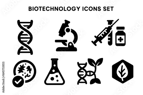 Biotechnology Icons Set – DNA, Microscope, Vaccine, Genetics, Molecular Biology