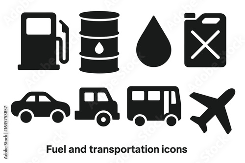 Fuel and Transportation Icons Set – Gas Station, Oil Barrel, Car, Bus, Bike, Airplane