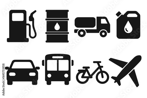 Fuel and Transportation Icons Set – Gas Station, Oil Barrel, Car, Bus, Bike, Airplane