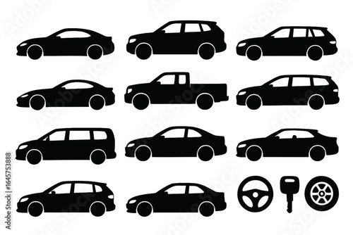 Car Silhouettes Icons Set – Vehicles, Transportation and Automotive Symbols