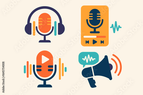 Podcast and Audio Icons Set – Microphone, Headphones, Megaphone and Sound Wave Symbols