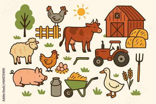 Farm Life Icons Set – Agriculture, Livestock, Barn and Countryside Elements