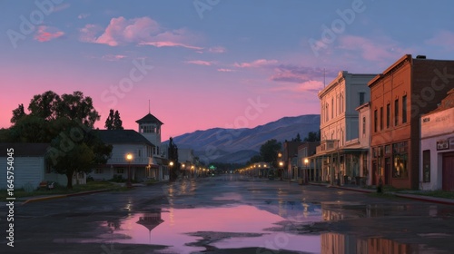 Fototapeta Naklejka Na Ścianę i Meble -  A tranquil small town street at dusk with a vibrant pink and purple sky reflecting on the wet road