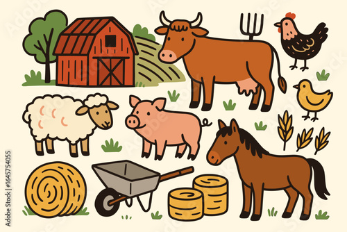 Farm Animals and Agriculture Icons Set – Barnyard, Livestock, Countryside