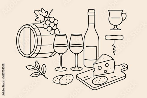 Wine and Cheese Line Art – Barrel, Bottle, Glasses, Grapes and Snacks Illustration