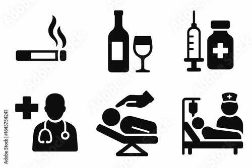 Healthcare and Harmful Habits Icons – Medicine, Smoking, Alcohol, Drugs