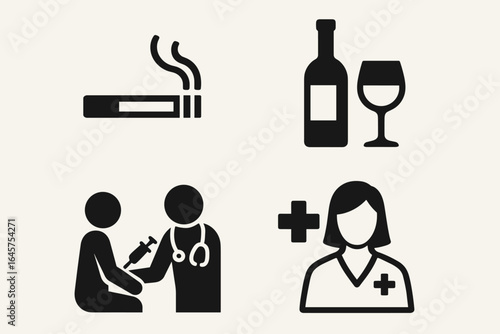 Healthcare and Harmful Habits Icons – Medicine, Smoking, Alcohol, Drugs