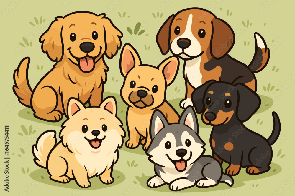 Obraz premium Cute Dog Breeds Illustration – Cartoon Puppies and Pets Collection
