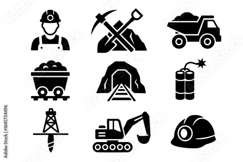 Mining Industry Icons – Worker, Equipment, Tools and Machinery Set