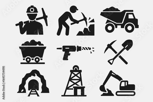 Mining Industry Icons – Worker, Equipment, Tools and Machinery Set
