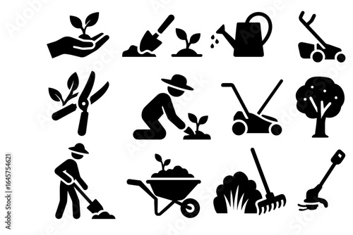 Gardening Icons Set – Tools, Plants, Lawn Care