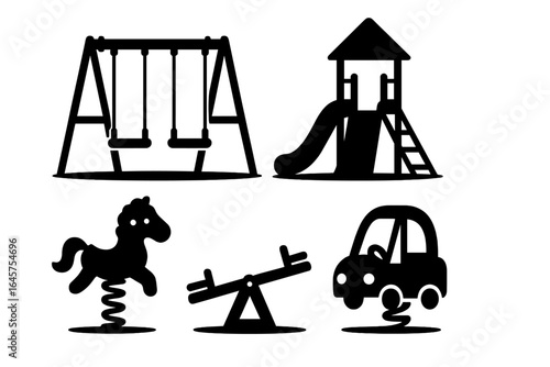 Playground Equipment Icons Set – Swings, Slide, Seesaw, Spring Toys and Playhouse