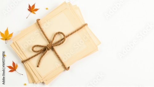A stack of aged paper is tied with string and accented with fall leaves, on a clean backdrop.