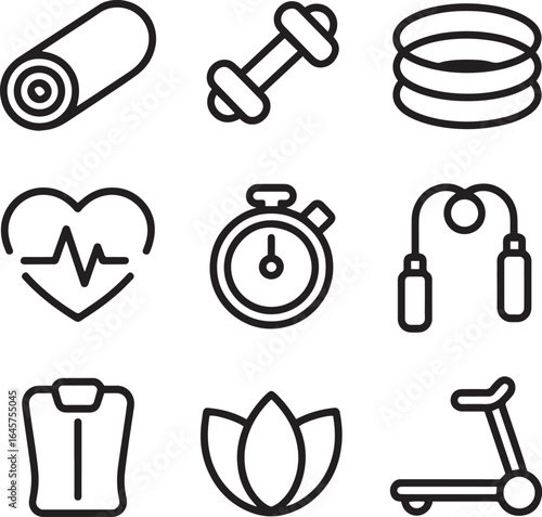 Fitness equipment icons for healthy lifestyle exercise workout