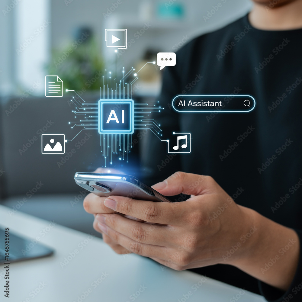 Fototapeta premium Person using AI assistant app on smartphone; modern technology, digital lifestyle, futuristic interface.