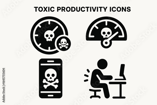 Toxic Productivity Icons – Burnout, Overwork, Hustle Culture, and Stress Symbols