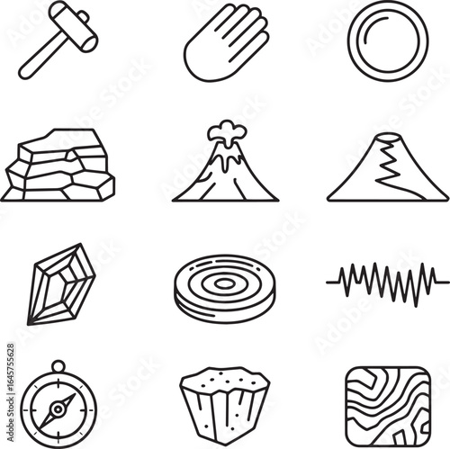 Geology icons hammer volcano rock crystal compass seismic wave vector