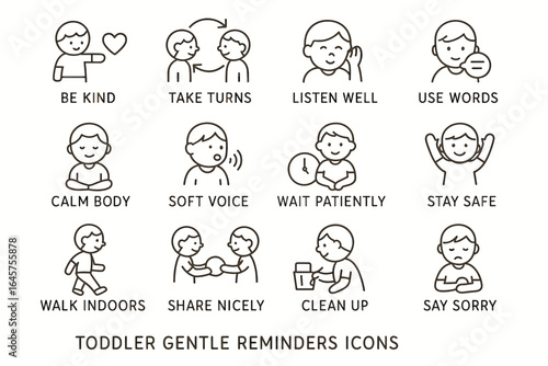 Toddler behavior cue icons: kindness, patience, safety, communication, sharing