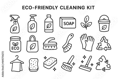 Eco-friendly cleaning kit with soap, gloves, and recycling symbols