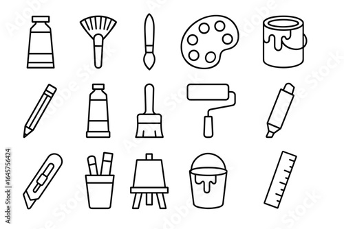 Outline icons of art supplies including brushes, paint, pencil, palette, and easel