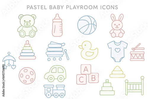 Pastel baby playroom icons: toys, blocks, bear, train, duck, onesie