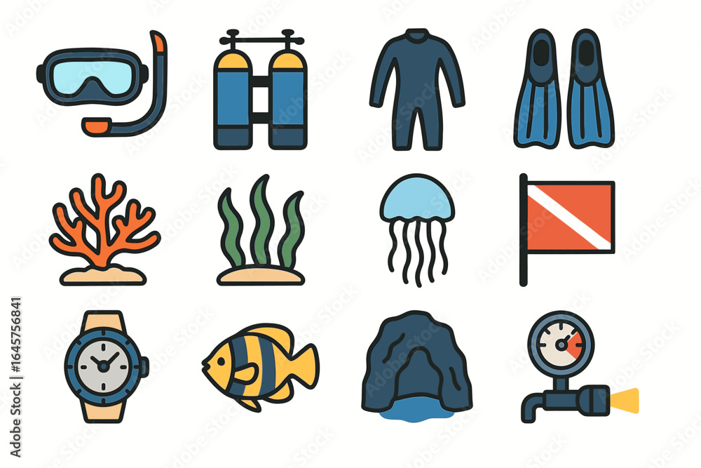 Fototapeta premium Scuba diving gear and marine life icons: snorkel, wetsuit, coral, fish