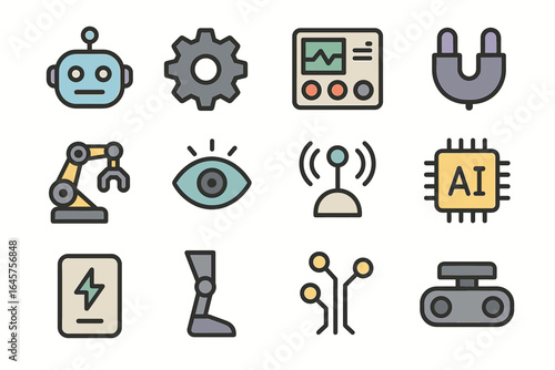 Colorful robotics and artificial intelligence icons collection with gadgets and machines