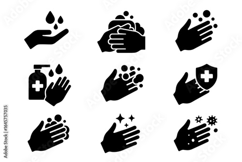 Hand Hygiene Icons – Washing, Sanitizing, and Infection Prevention Symbols