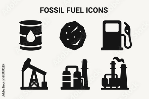 Fossil Fuel Icons – Energy Production, Oil, Gas, and Coal Industry Symbols