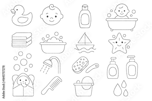 Outline icons of baby bath time accessories and toys in minimalist style