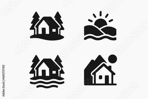 Nature Retreat Icons – Forest Camping, Eco Lodging, and Outdoor Wellness Symbols