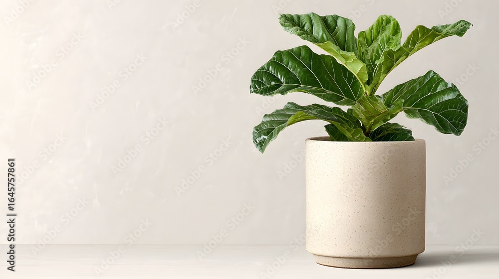 Fototapeta premium Light beige planter with vibrant green fiddle leaf fig.