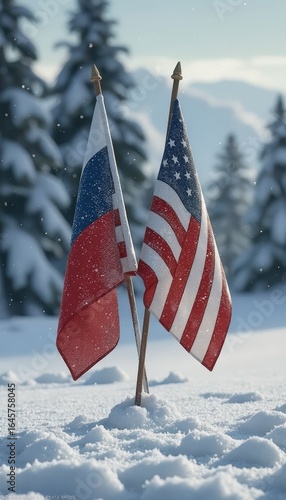 Two flags stand together in Alaska's snowy landscape, representing cooperation