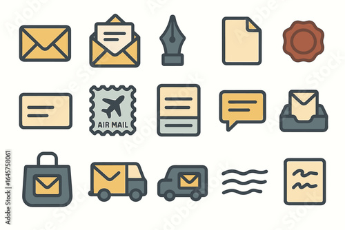 Mail and communication icon set featuring envelopes and delivery symbols