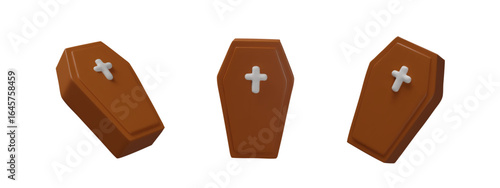 A 3D coffin and casket designed in a brown wooden style with a white cross on the lid, shown as a set from different angles. Halloween scenes, spooky decorations, and horror-themed designs.