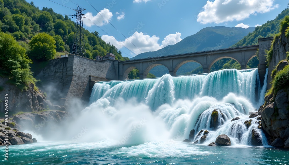 Fototapeta premium Falling water descends a significant vertical drop, channeling through a penstock, a large pipe that concentrates the water's flow