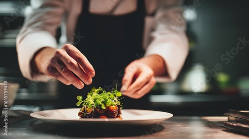 Chef carefully garnishing a plated dish.