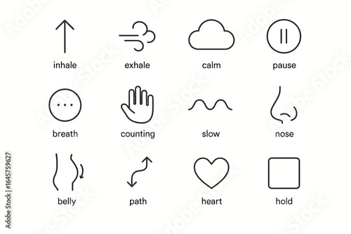 Mindful breathing and relaxation icons: inhale, exhale, calm, pause, breath