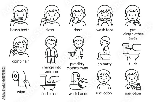 Daily routine for boys: hygiene and self-care activities illustrated