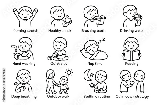 Daily routine activities for children: morning, snack, hygiene, play, sleep, reading