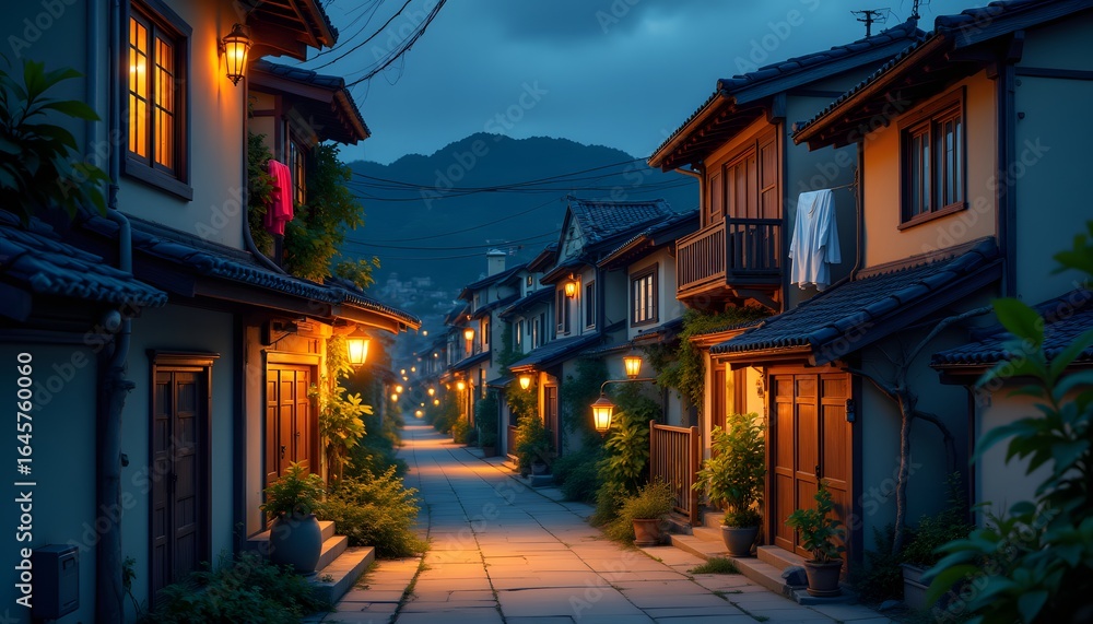 Fototapeta premium A serene evening descends upon a quaint urban neighborhood. Warm light spills from the windows of compact, multi story homes with tiled roofs and intricate wooden detailing