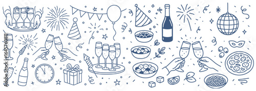 Doodle style celebration themed design featuring champagne cheers fireworks party decorations food and drink vector illustration for new year festive events and holiday gatherings