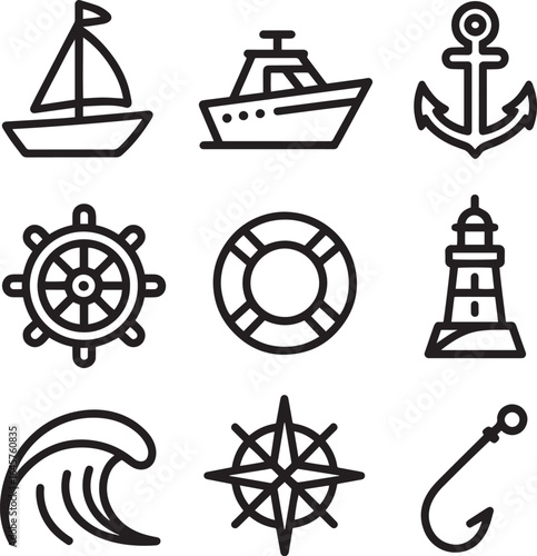 Nautical icons sailboat motorboat anchor ship wheel lifebuoy lighthouse wave compass fishing hook vector