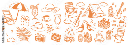 Summer vacation camping doodle illustration with beach accessories and outdoor recreation equipment for design element in vacation travel concept, perfect for seamless patterns