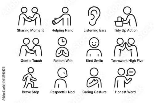 Simple line icons depicting positive social interactions and gestures