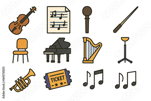 Musical instruments set with violin, piano, trumpet, and harp icons