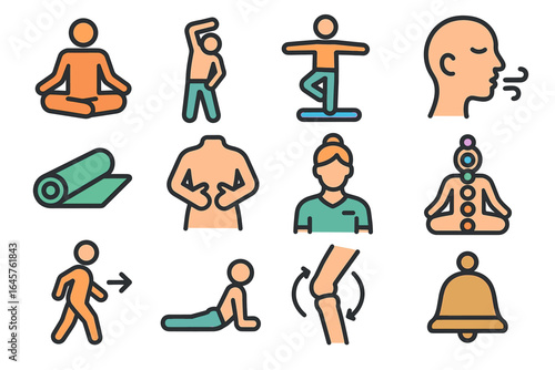 Meditative exercise icons set: yoga, breathing, stretching, and relaxation symbols