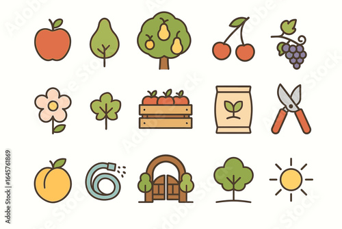 Colorful garden icons featuring fruits, trees, and gardening tools