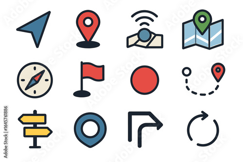 Navigation icons set: location, map, compass, direction, pin, arrow